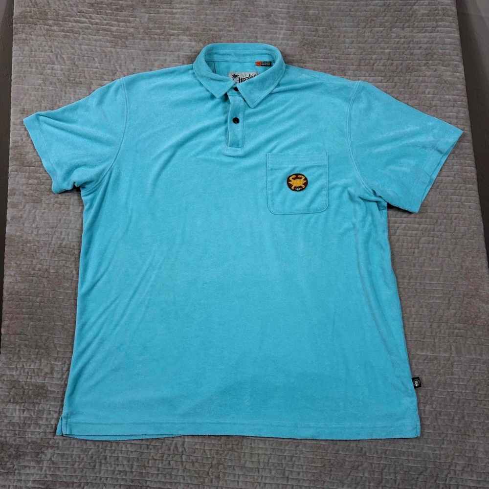 Howler Brothers Mens XXL Terry Cloth Polo Shirt Blue Crab Patch Short Sleeve